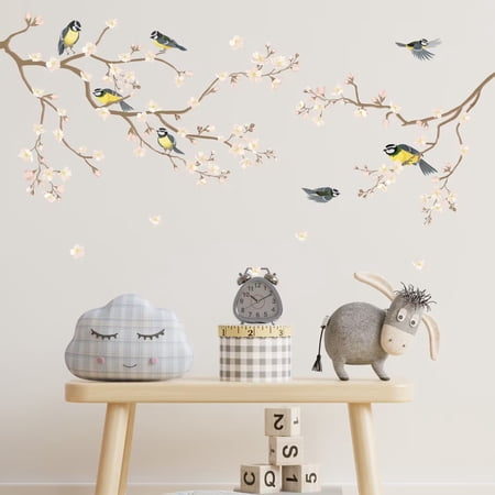 Tree Branch Wall Art Decals Birds Leaves Wall Stickers for Bedroom Living Room Nursery Wall Decor Peel and Stick Wall Art Decals for Living Room Bedroom TV Wall