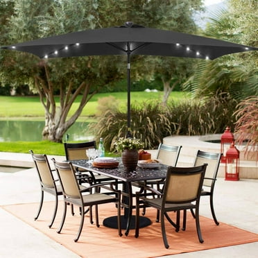 10 ft. x 6.5 ft. Solar LED Rectangle Market Patio Umbrellas with Solar Lights Tilt Button in Dull Black