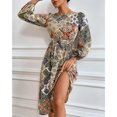 thumbnail image 3 of Vestido de Manga Larga con Linterna y Dobladillo Grande Decoración Estampada Cuello Redondo Vestido con Lazo en la Cintura para Todas Las Estaciones Caqui XL, 3 of 6