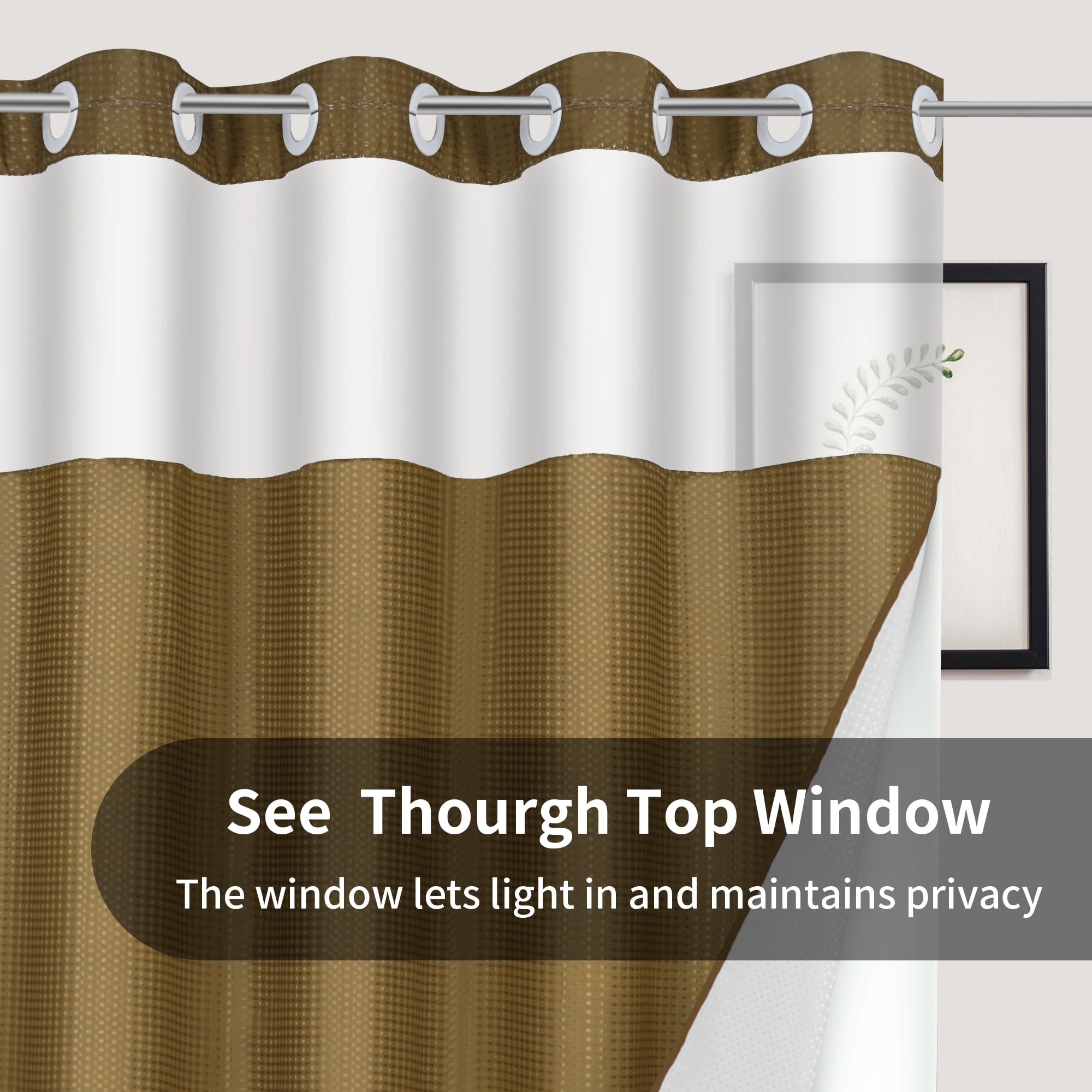 Ikfashoni Hookless Shower Curtain with Snap in Liner,Brown Waffle Weave Waterproof Fabric Mesh Window Bathroom Curtain,72"X78"