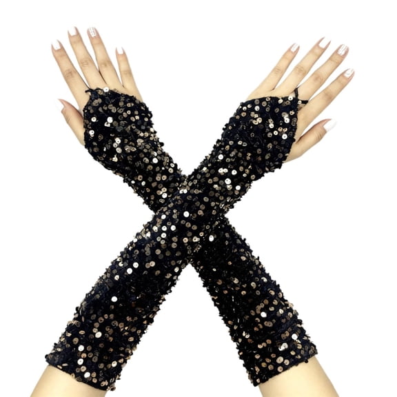 QASIEATN Women's Festival Accessories Mardi Gras Sparkly Sequin Gloves Long Velvet Length Arm Sleeves Wedding Prom Gloves for Women