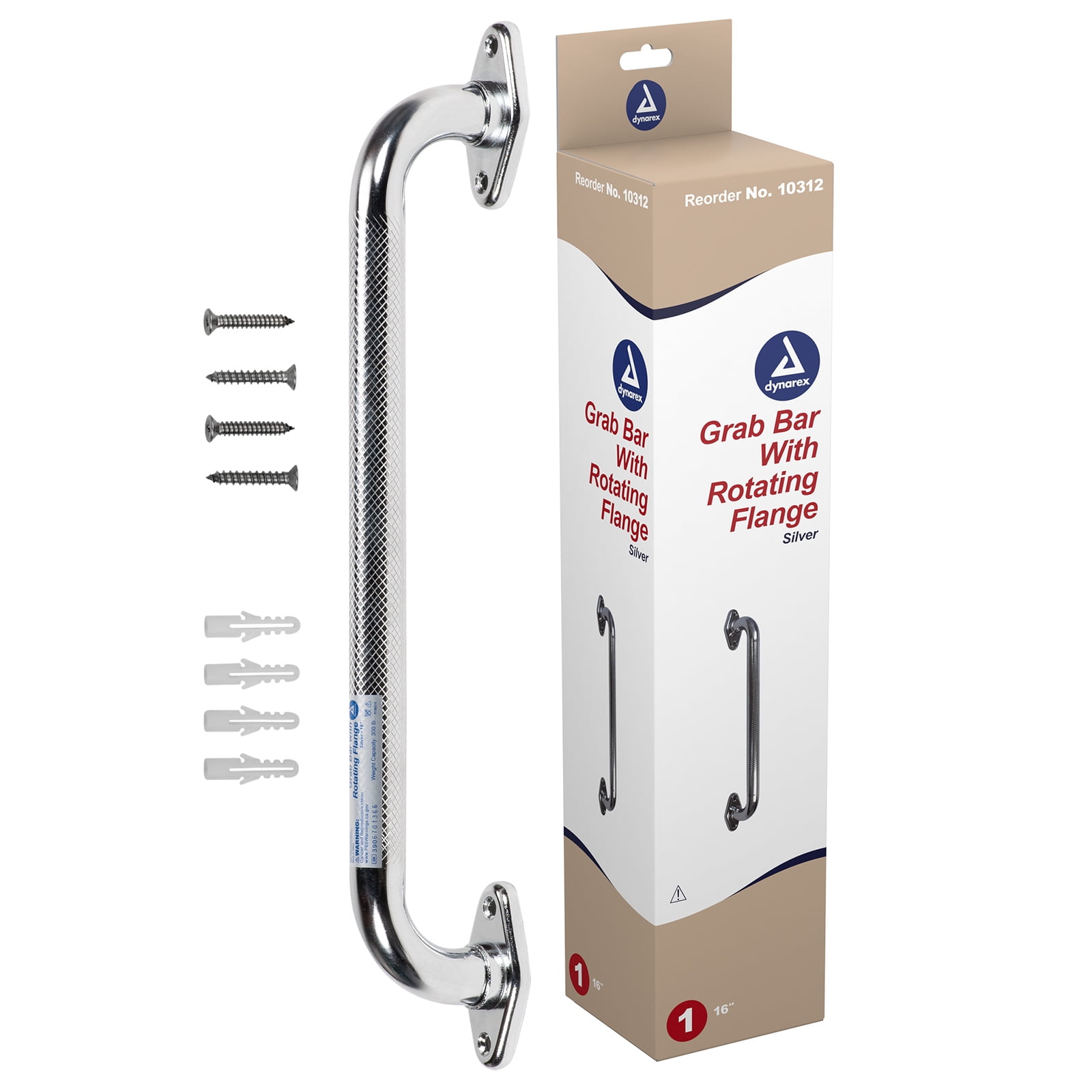 Dynarex Rotating Flange Knurled Grab Bar-16 Inch, Stainless Steel with Textured, Non-Slip Center of The Safety Rail, Weight Capacity of 300 Pounds, Silver, 1 Grab Bar