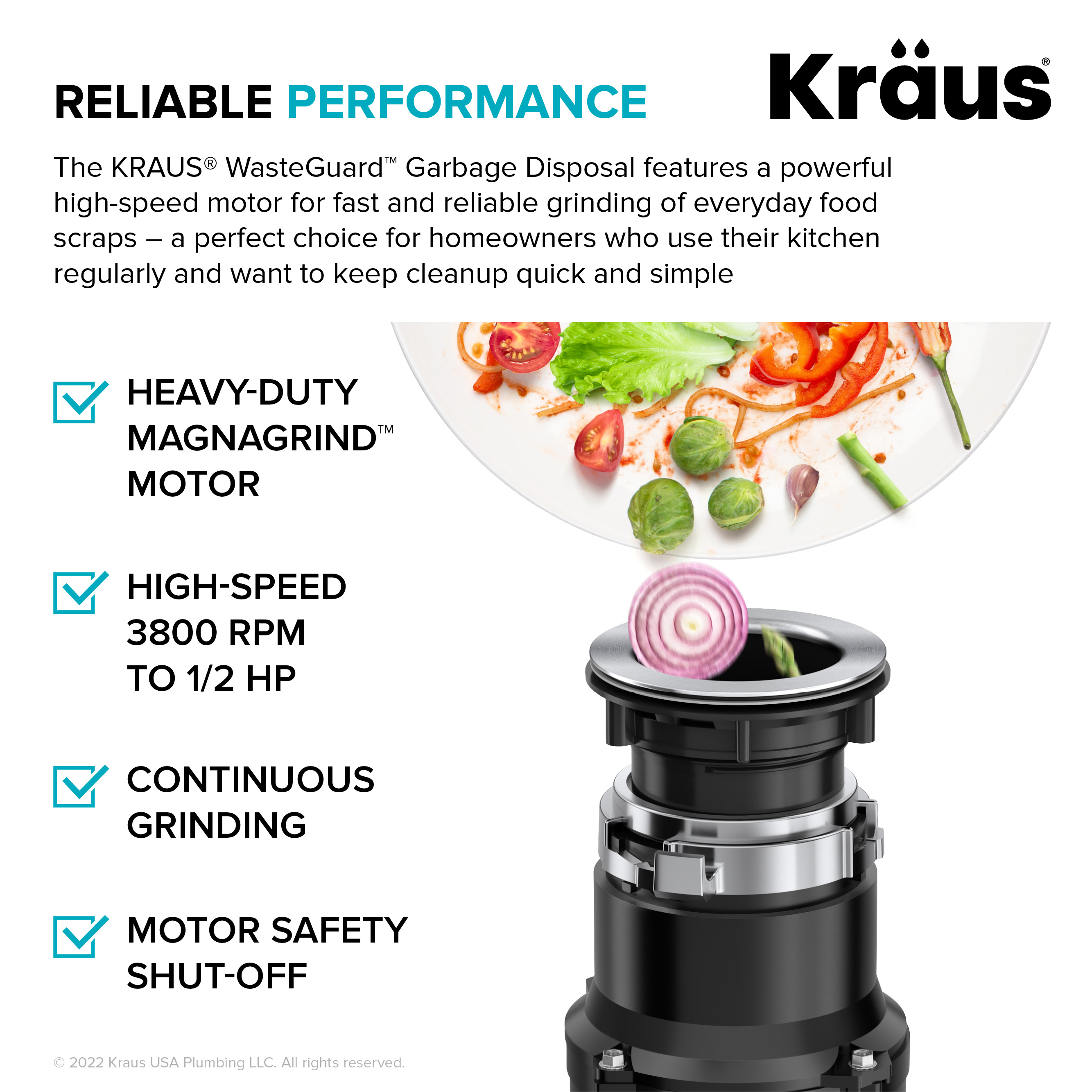 KRAUS WasteGuard High-Speed 1/2 HP Continuous Feed Ultra-Quiet Motor Garbage Disposal with Quick Connect Mount, Power Cord and Flange Included