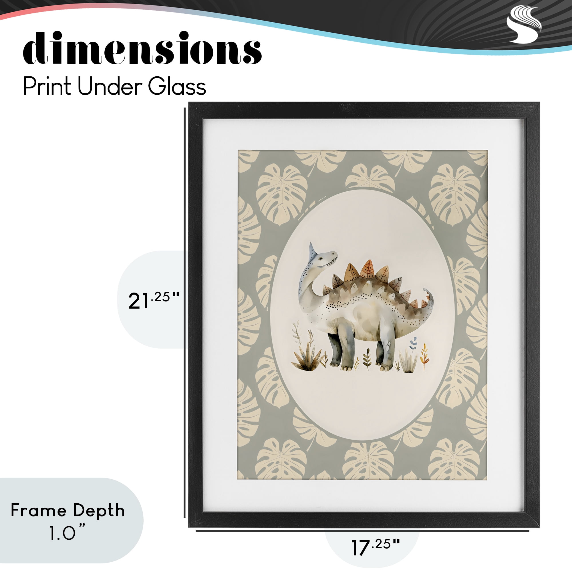 Stupell Industries Watercolor Dinosaur Monstera Border Black Framed Print Under Glass, design by LSR Design Studio