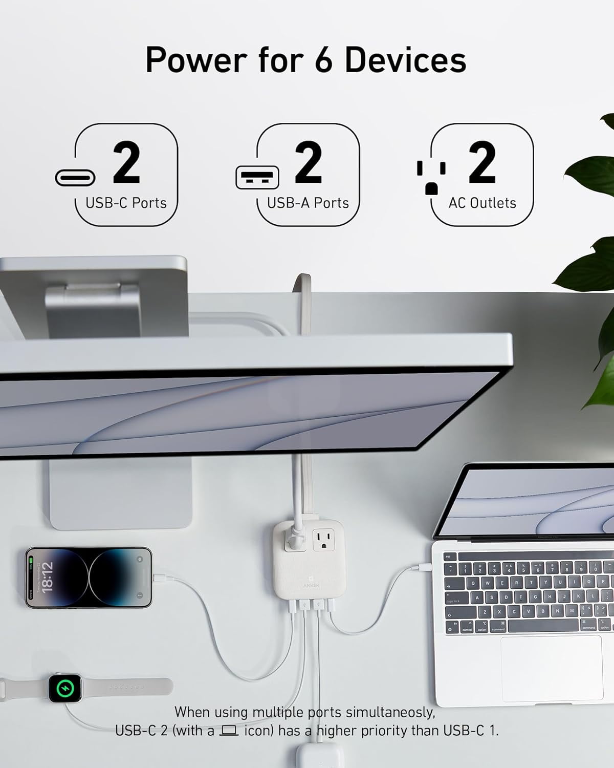 Anker Nano Charging Station(67W Max), 6-in-1 USB-C Power Strip Compatible for iPhone 16/15 and MacBook, with Flat Plug and 5ft Thin Undetachable Extension Cord,2 AC,2 USB-A,2 USB-C, for Home&Office