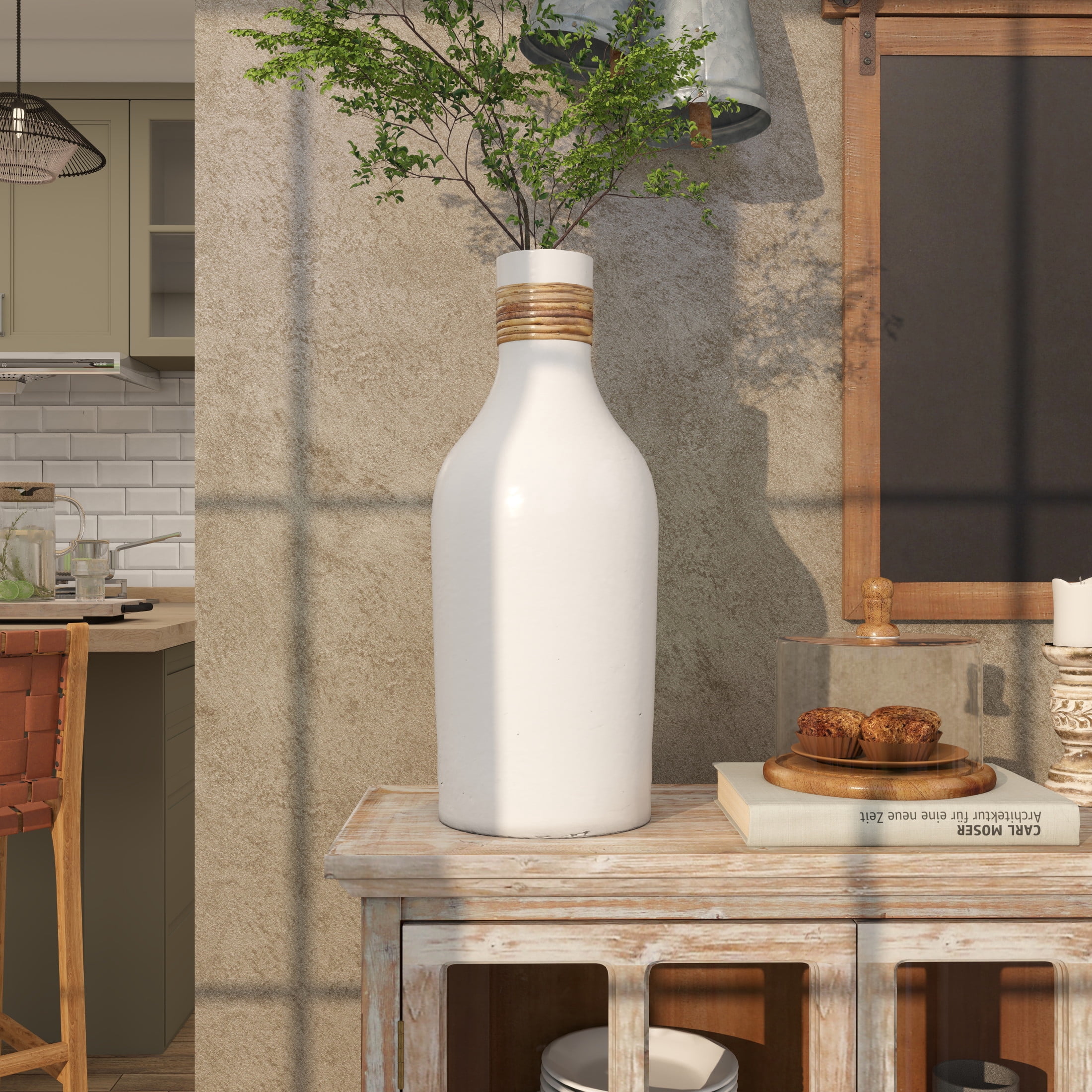 DecMode 20" White Ceramic Vase with Wrapped Rattan Details