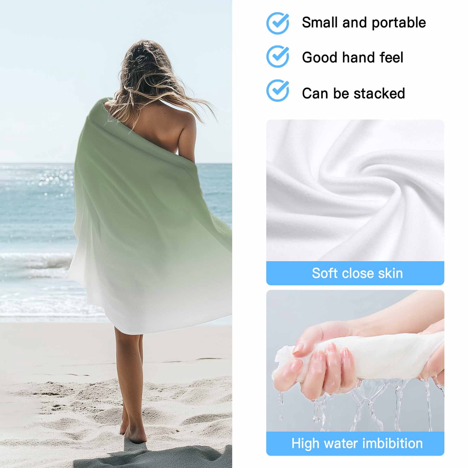 Sage Green Gradient Beach Towels Blanket Soft&Absorbent Quick Dry Microfiber Abstract Sage White Watercolor Pool Towels for Swimming ,Yoga, Sports, Gym, Camping,Large 35X70in,
