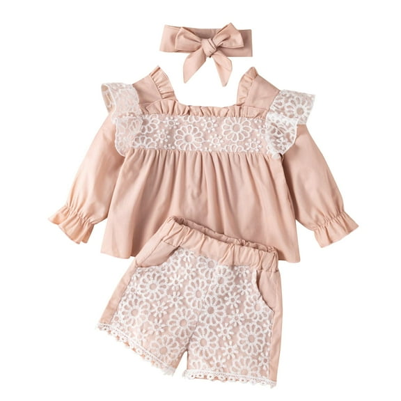 StylesILove Infant Baby Girls Pink Long Sleeve Lace Ruffle Top & Shorts & Headband 3pcs Spring Summer Cotton Outfit (12 Months)