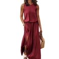 thumbnail image 2 of Women's Crew Neck Sleeveless Elastic Waist Slit Maxi Dress Wine Red XL, 2 of 6
