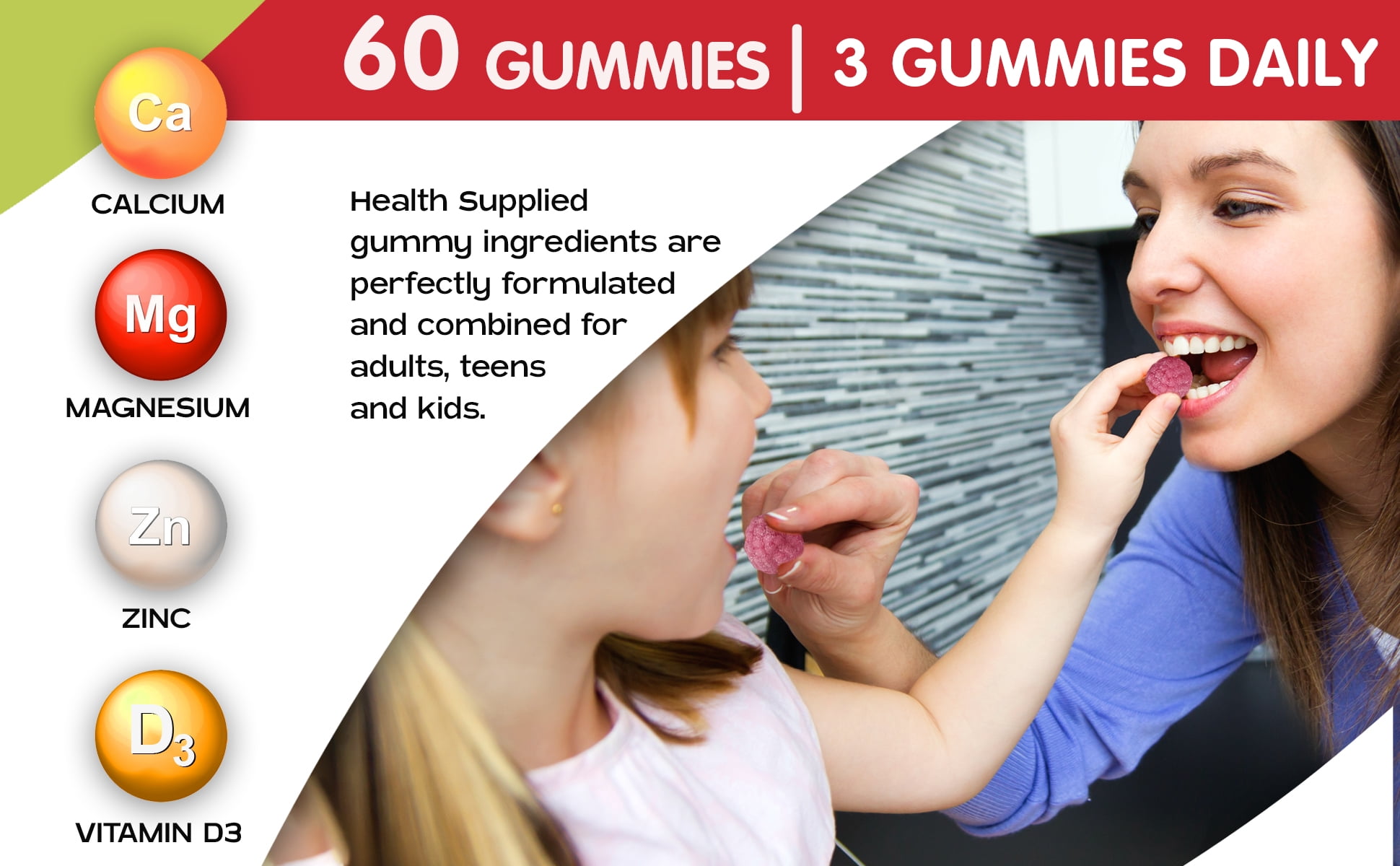 Health Supplied Calcium Magnesium & Zinc + Vitamin D Gummies 2 Pack | Bone Health Energy and Muscle Function | Fruity Raspberry Flavor
