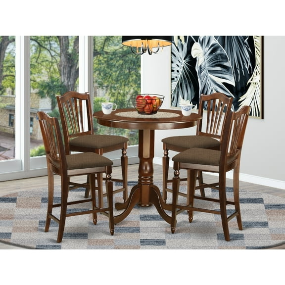 Counter Height Dining Set - 5 Piece Table & Chair Set - Round Pedestal Table - Linen Upholstered Chairs - Mahogany Finish