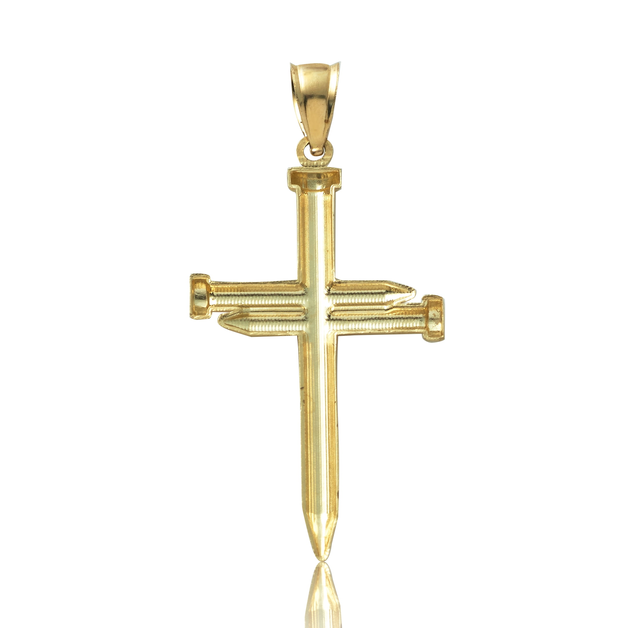 LOVEBLING 10K Yellow Gold Diamond Cut Triple Nail Cross Charm Pendant (Small: 1.83" x 0.88")
