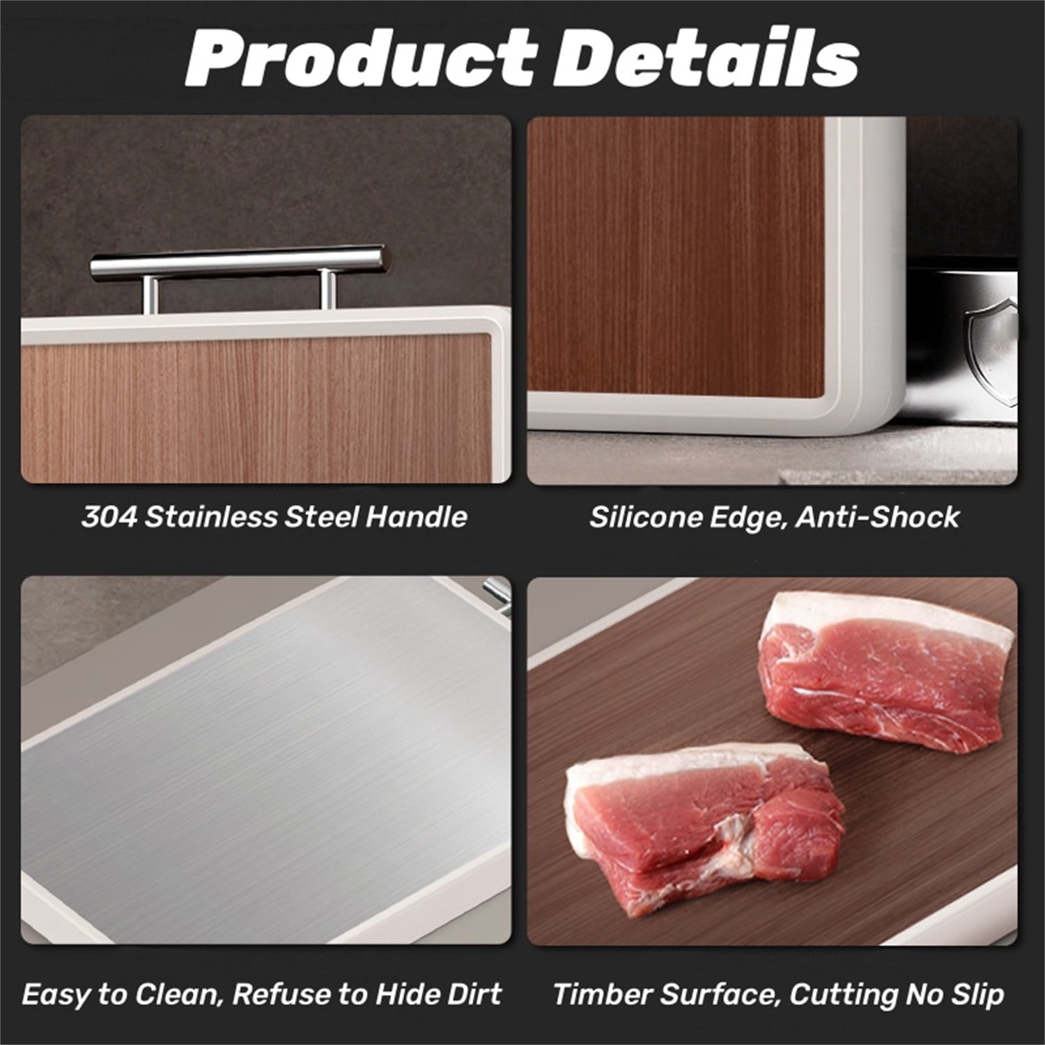 Dingrich Double-Sided Cutting Board for Kitchen, 15x10inch Chopping Board with Non-Slip Suspension Handle, Ebony Wood and Stainless Steel Sides for Cutting Diverse Ingredients, 1 Pack