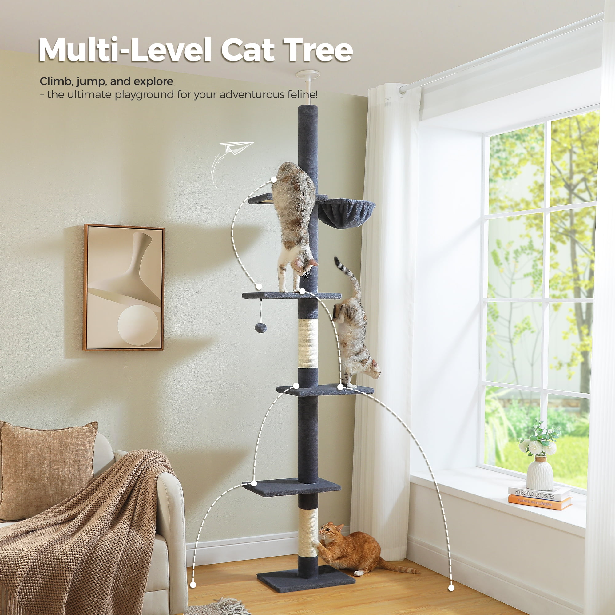 PAWZ Road 5-Level Cat Tree Cactus Style Floor to Ceiling Tower for Indoor Small Cats, Gray