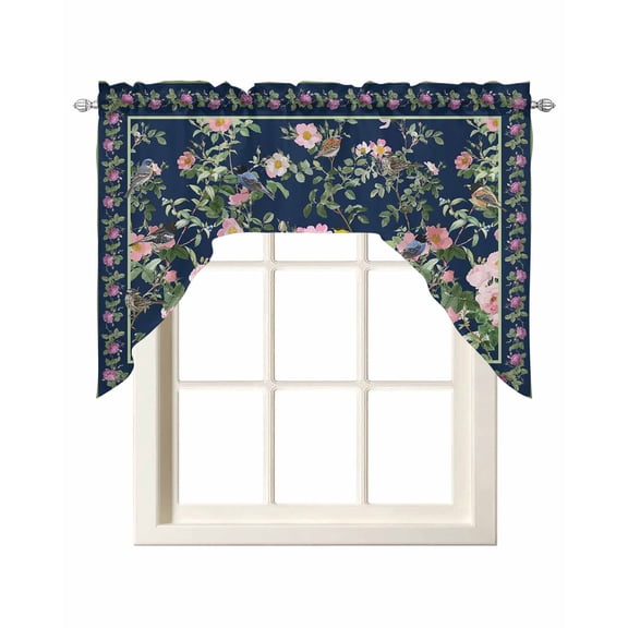 Navy Blue Flowers Swag Valances for Windows, Small Curtains Drapes, Spring Floral Elegant Pastoral Botanical Kitchen Window Curtains Over Sink Window Treatment Valance for Bedroom/Bathroom 56"x36"