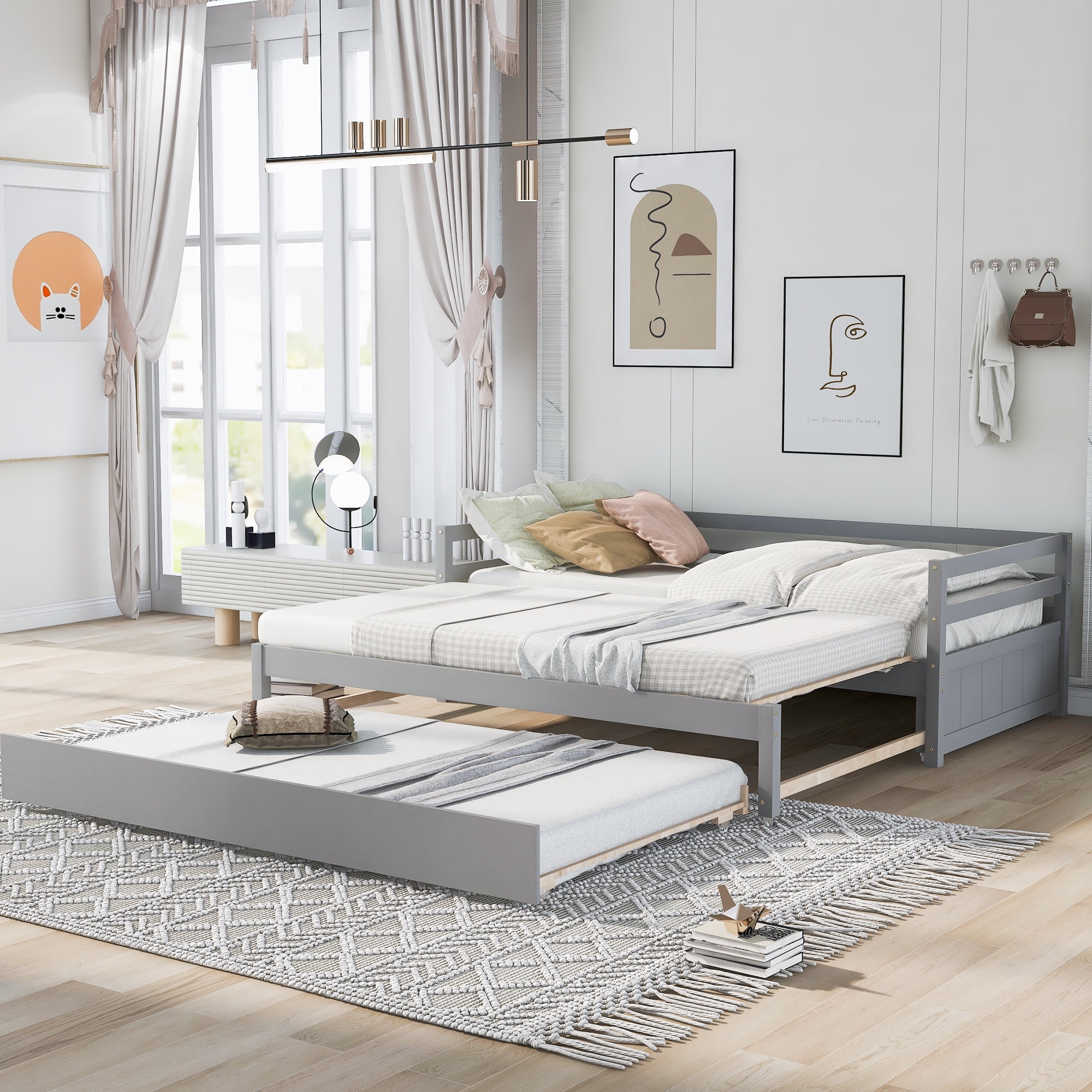 Twin or Double Twin Daybed with Trundle, Wooden Extendable Sofa Bed