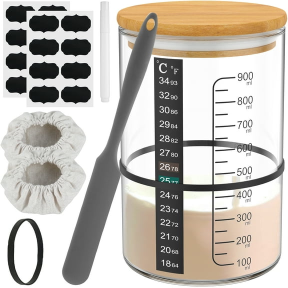 Evjurcn Sourdough Starter Jar Kit Sourdough Starter Container Glass Sourdough Fermentation Jar Wide Mouth with Lid Rubber Band Spatula Thermometer Strip Labels Pen 2 Cloth Cover for Bread Baking