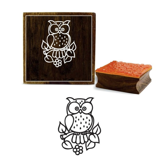 Printtoo Brown Wooden Rubber Stamp Owl Pattern Square Craft Textile Stamps-3 x 3 Inches