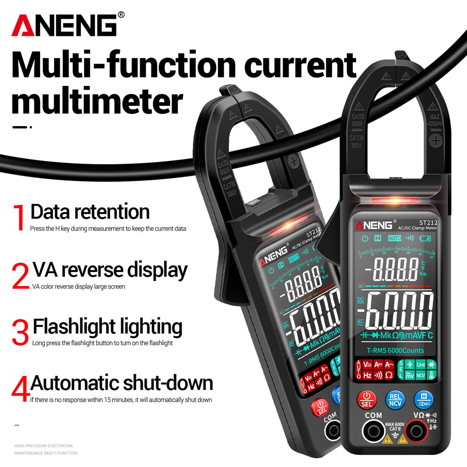 Aneng St212 Clamp Meter Intelligent Digital Clamp Multimeter 6000 Counts Smart Ac & Dc Voltmeter 400A Ammeter Va Colored Display Auto Clamp Type Tester Ncv Non- Voltage Measurer Resistance