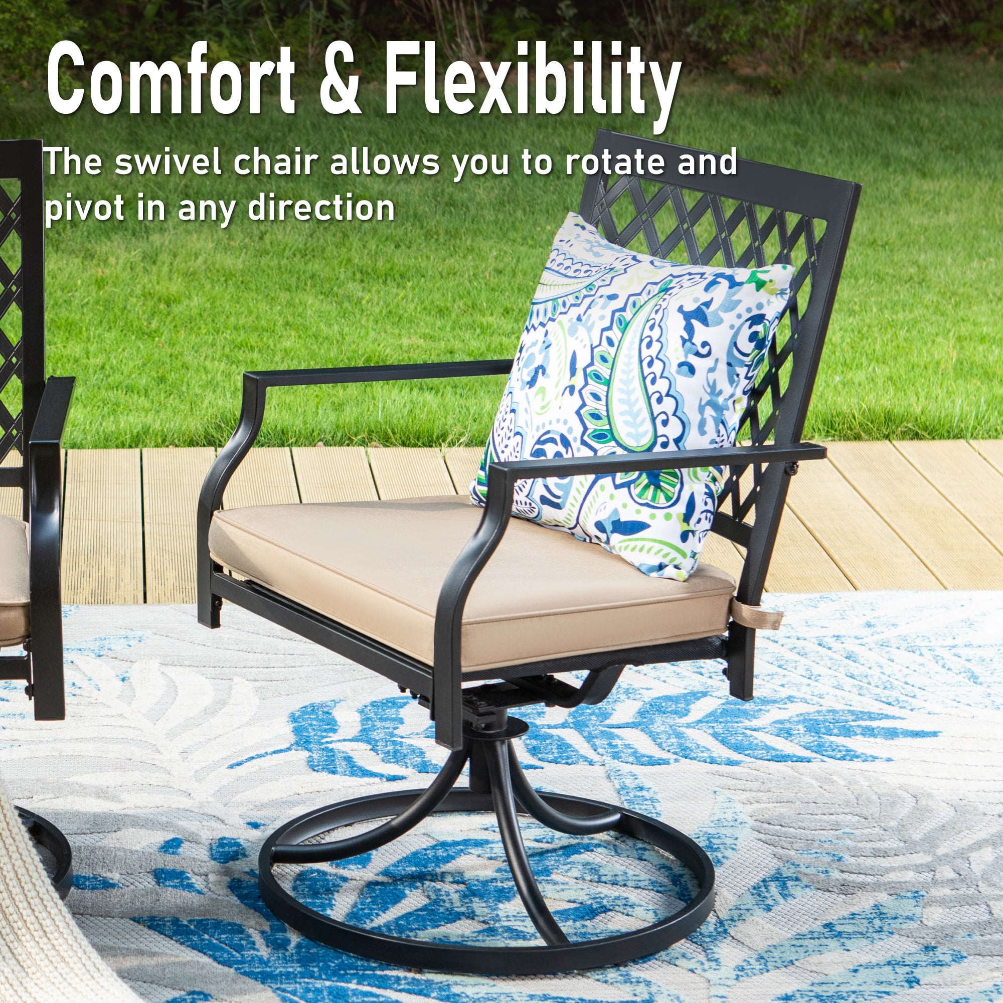 MF Studio 7-Piece Outdoor Dining Set with Swivel Cushioned Chairs & 6-Person Table with Umbrella Hole, Black & Beige
