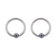 Lex & Lu Pair of Steel Captive Bead Ring CBR w/Hematite Ball 12-10 Gauge