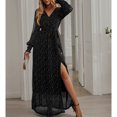 thumbnail image 3 of Vestido largo de mujer con cuello en V fruncido con volantes y manga acampanada con lentejuelas y abertura lateral Vestido largo con cinturón de cintura alta Negro L, 3 of 6