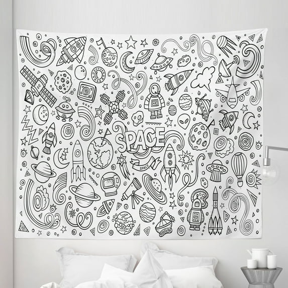 Cartoon Tapestry, Sketch Abstract Planets in Doodle Drawing Style Composition, Fabric Wall Hanging Decor for Bedroom Living Room Dorm, 5 Sizes, White and Black, by Ambesonne
