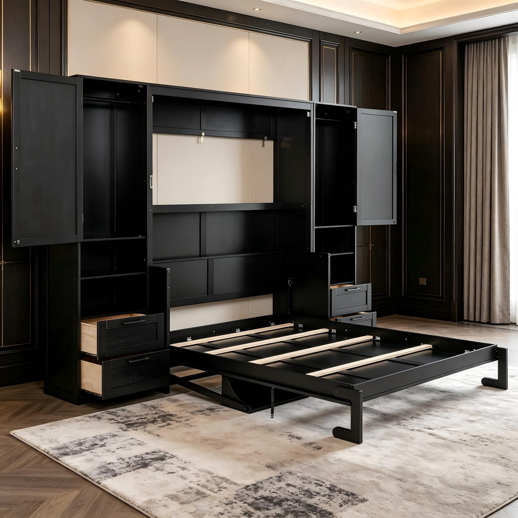 Aukfa Queen Size Murphy Bed with Closet, Desk, Drawers & Shelves, Space-Saving Wall Bed Cabinet for Small Spaces, Studio, Home Office & Guest Room, Black
