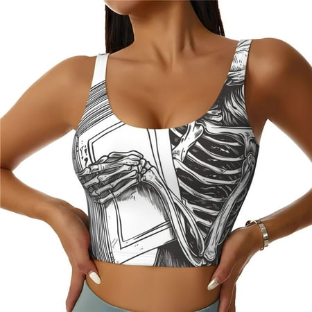 Qokaie Skeleton Book Lover Pattern Womens Scoop Neck Sports Bra Breathable Workout Vest Padded U Back Medium Impact Fitness Gym Yoga Bra Workout Crop Top-XX-Large
