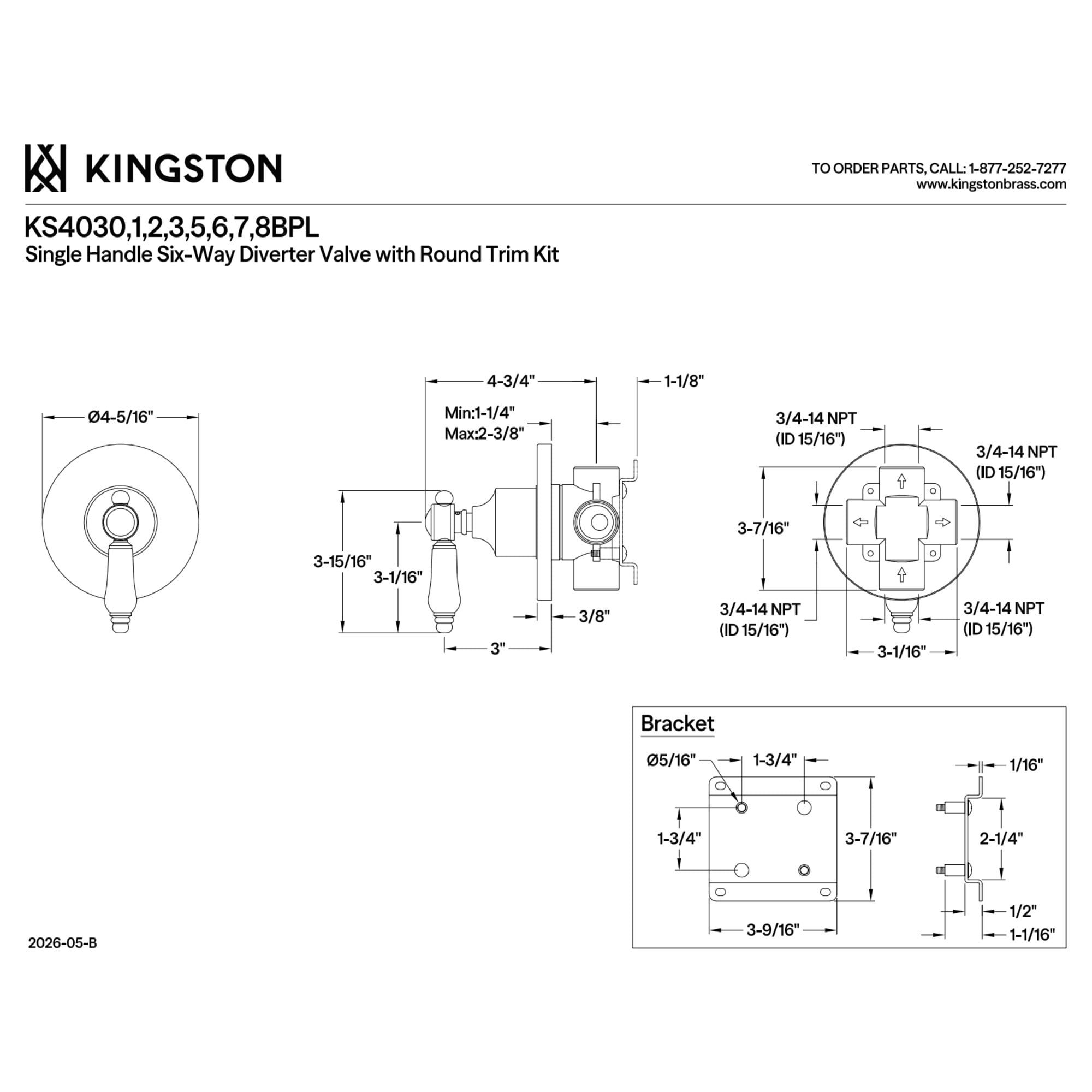 Kingston Brass KS4031BPL Bel-Air Single-Handle Six-Way Diverter Valve with Round Trim Kit in Polished Chrome