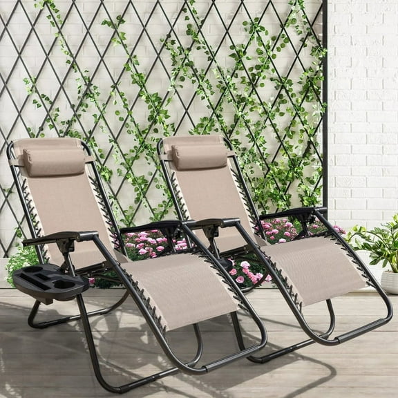 Homall Chaise Zéro Gravité Pliable pour Patio avec Porte-Gobelet, Fauteuil Inclinable d'Extérieur Réglable en Tissu Textilène, Chaise Longue Portable, Lot de 2, Beige