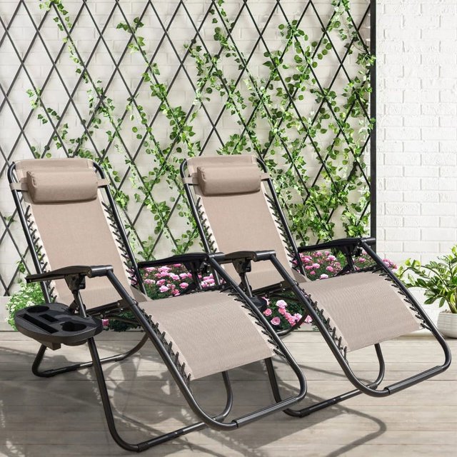 Homall Chaise Zéro Gravité Pliable pour Patio avec Porte-Gobelet, Fauteuil Inclinable d'Extérieur Réglable en Tissu Textilène, Chaise Longue Portable, Lot de 2, Beige