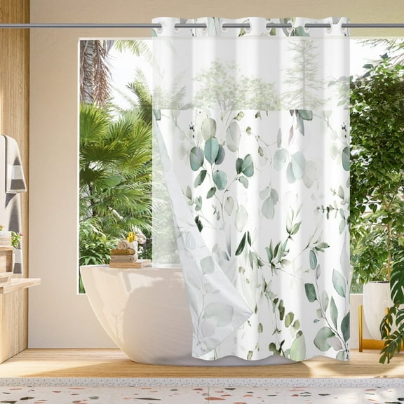 Mizhona Green White Hookless Shower Curtain with Liner Leaves Fabric No Hook Bathroom Curtain,71"x74"