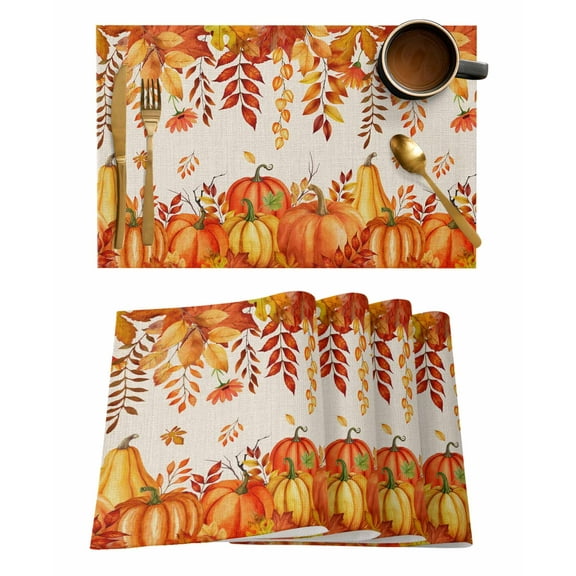 Thanksgiving Pumpkins Placemats Set of 1 Farmhouse Leaves Vintage Wood Texture Heat Insulation Washable Place Mats, Rustic Non-Slip Table Mats for Dining Table Party Kitchen Decor,13x19 Inch