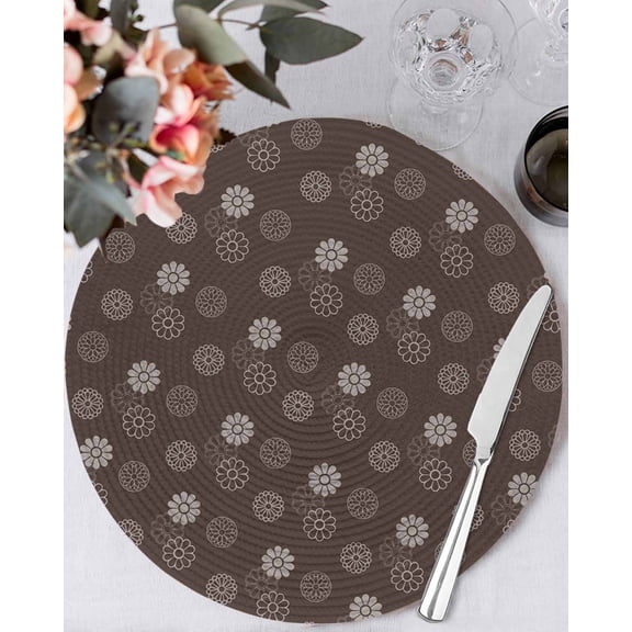 13 Inch Round Placemats Set of 6, Brown Daisy Non Slip Heat Insulation PP Table Mats, Modern Farmhouse Chrysanthemum Floral Washable Place Mats for Kitchen Dining Party Table Decor
