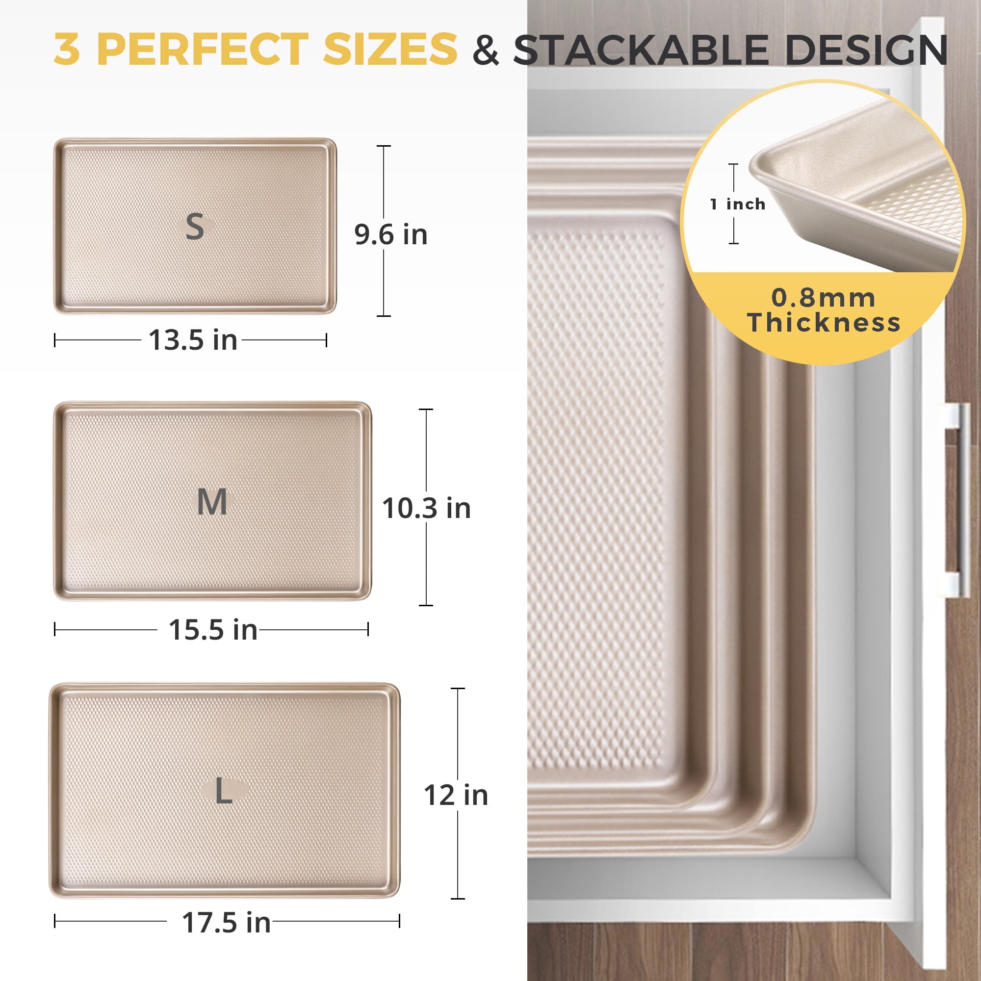 HONGBAKE - Baking Sheet Pan Set of 3, Cookie Sheets for Oven, Nonstick Half/Quarter/Jelly Roll Pans with Diamond Texture Pattern - Champagne Gold