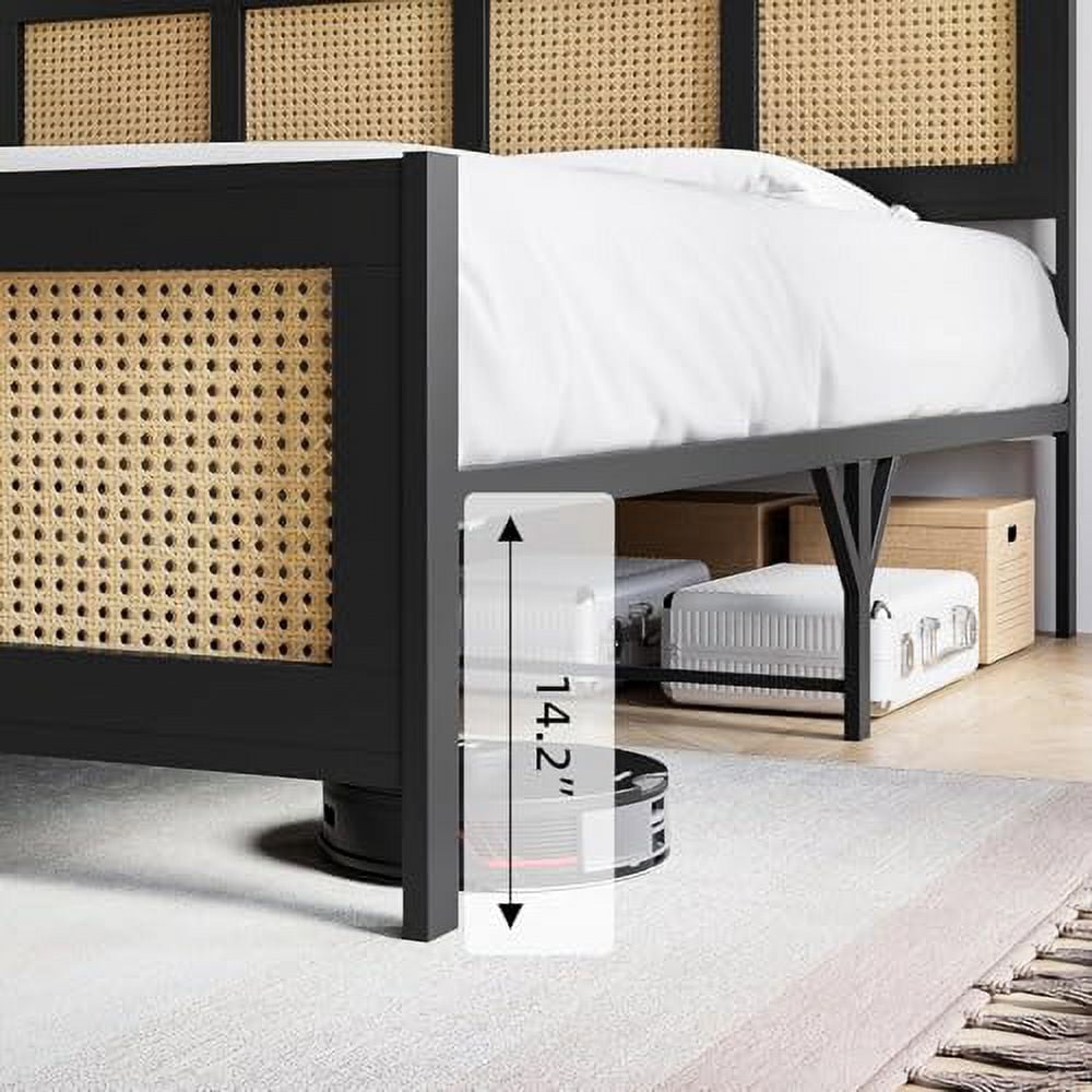 Bed Frame with Headboard, Bohemian Rattan Platform Bed Frame with Strong Metal Slats Support, No Box Spring Needed, Noise-Free Design