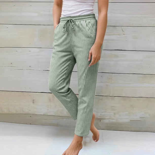 WILLBEST Pantalones Casuales de Verano para Mujer, Elásticos, de Cintura Alta, a Rayas, de Lino, con Pierna Ancha, Holgados, para Uso Diario. Mediana