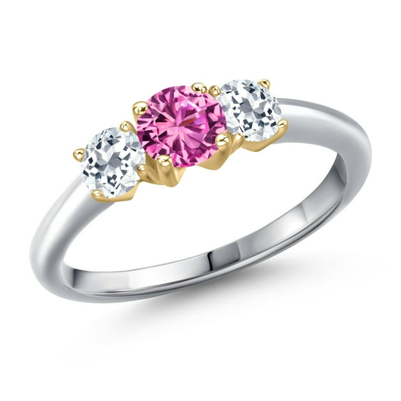 Gem Stone King 925 Silver and 10K Yellow Gold Pink Created Sapphire and White Topaz Engagement Ring for Women | 1.21 Cttw | Round 5MM | Gemstone September Birthstone | Size 5