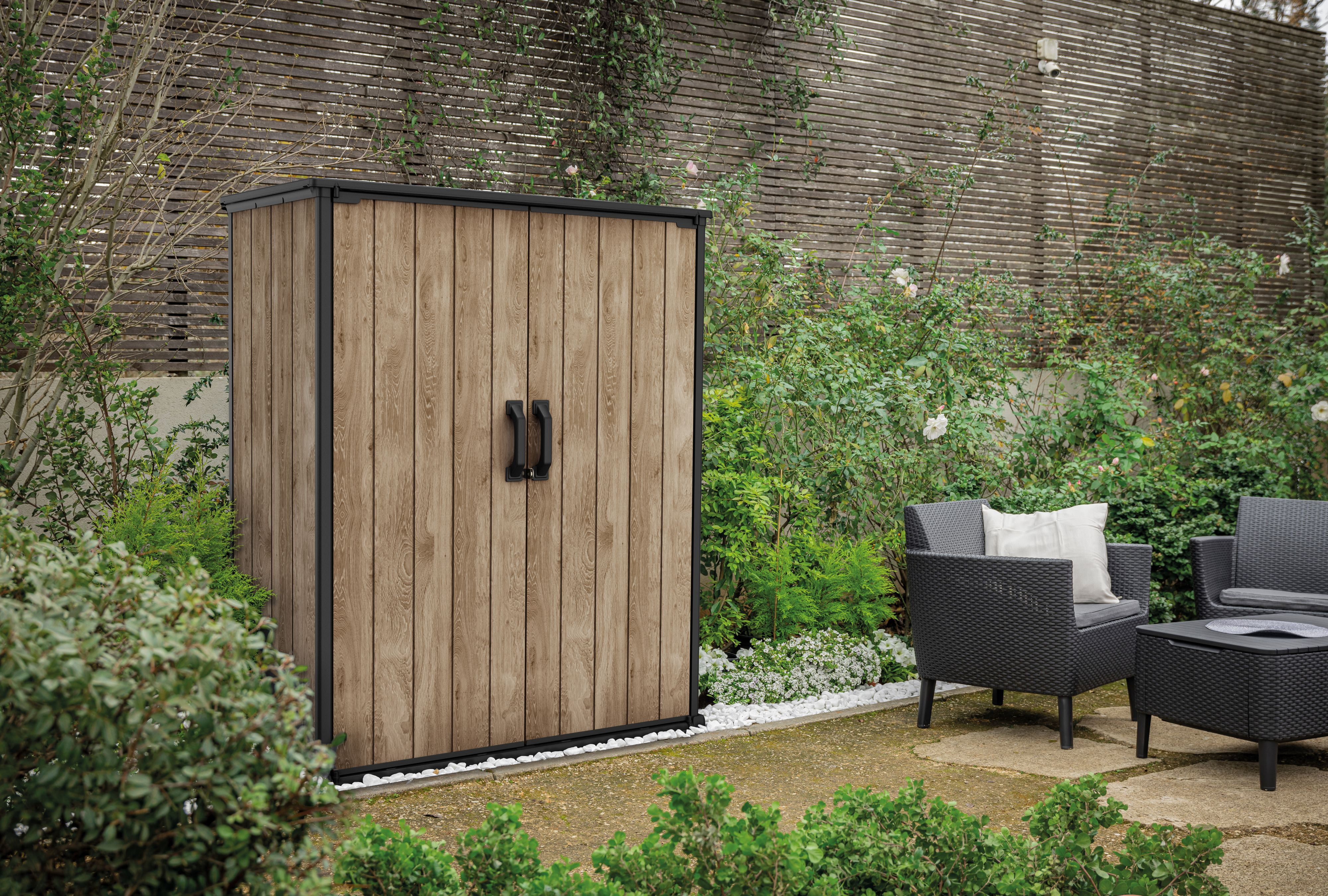 Keter Vertical 4x2 ft. Outdoor Storage Shed, Weatherproof Lockable Double Doors, Ashwood