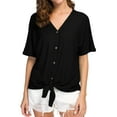 thumbnail image 3 of JWD Womens Waffle Knit Tunic Blouse Tie Knot Short Sleeve Henley Tops Loose Fitting Bat Wing Shirts Black Large, 3 of 5