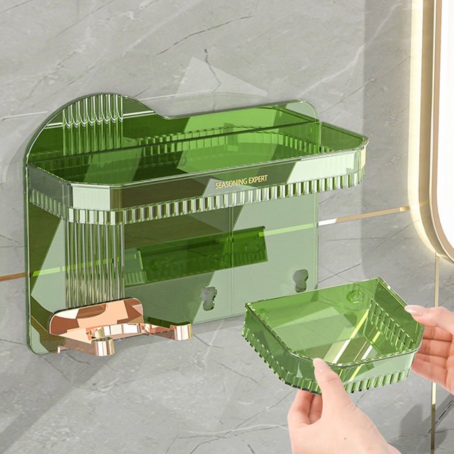 Estante de almacenamiento para baño Montaje en pared Plástico engrosado Instalación no perforante | Estante organizador para baño | Verde | Barandilla elevada | Diseño de particiones | 1 pieza |
