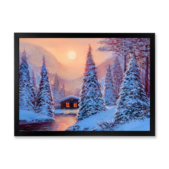 Designart 'The River House In The Woods and Winter Landscape I' Lake House Framed Art Print