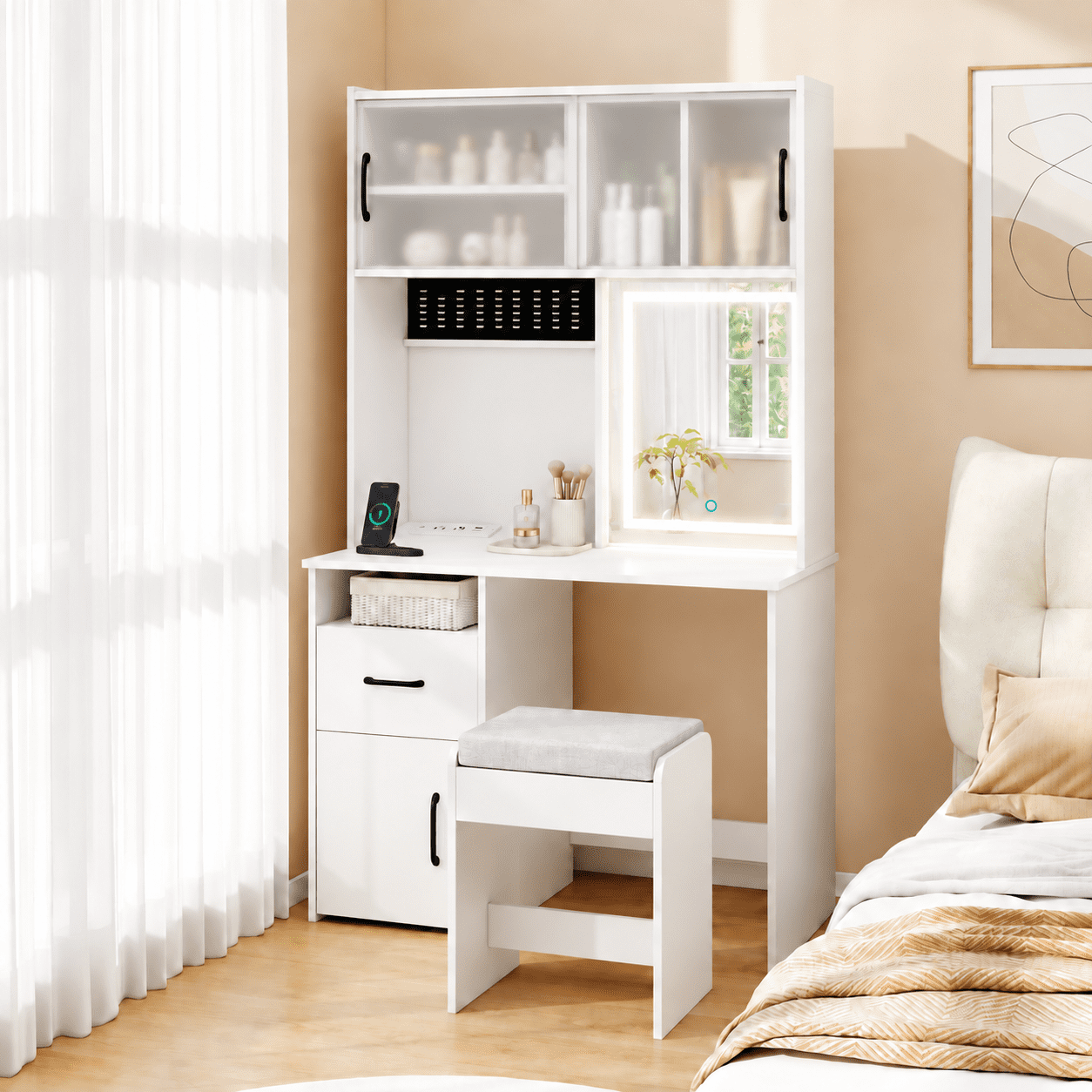 Furnibear Makeup Vanity Desk with Mirror and Charging Station, 67 Inch Tall Vanity Set with Lights and Cushioned Stool, White