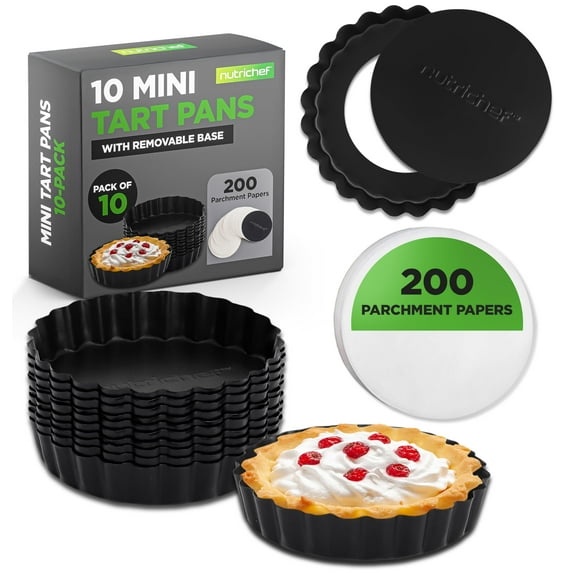 NutriChef Mini Tart Pans 10 Nonstick Molds With Removable Bottoms | 4 Inch Heavy Duty Steel Quiche Pans | Oven & Dishwasher Safe | Fluted Sides for Sweet & Savory Foods | Includes 200 Parchment Papers