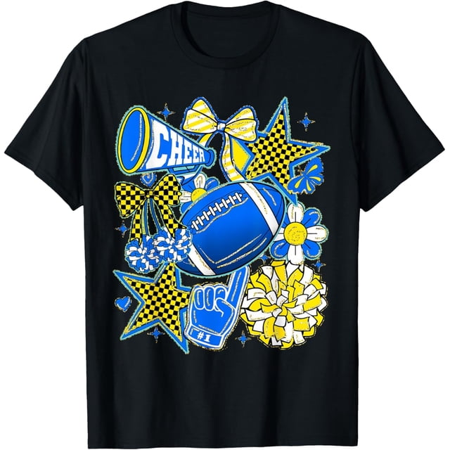 Camiseta retro azul y dorado con lazo de coqueta para el día del partido de fútbol