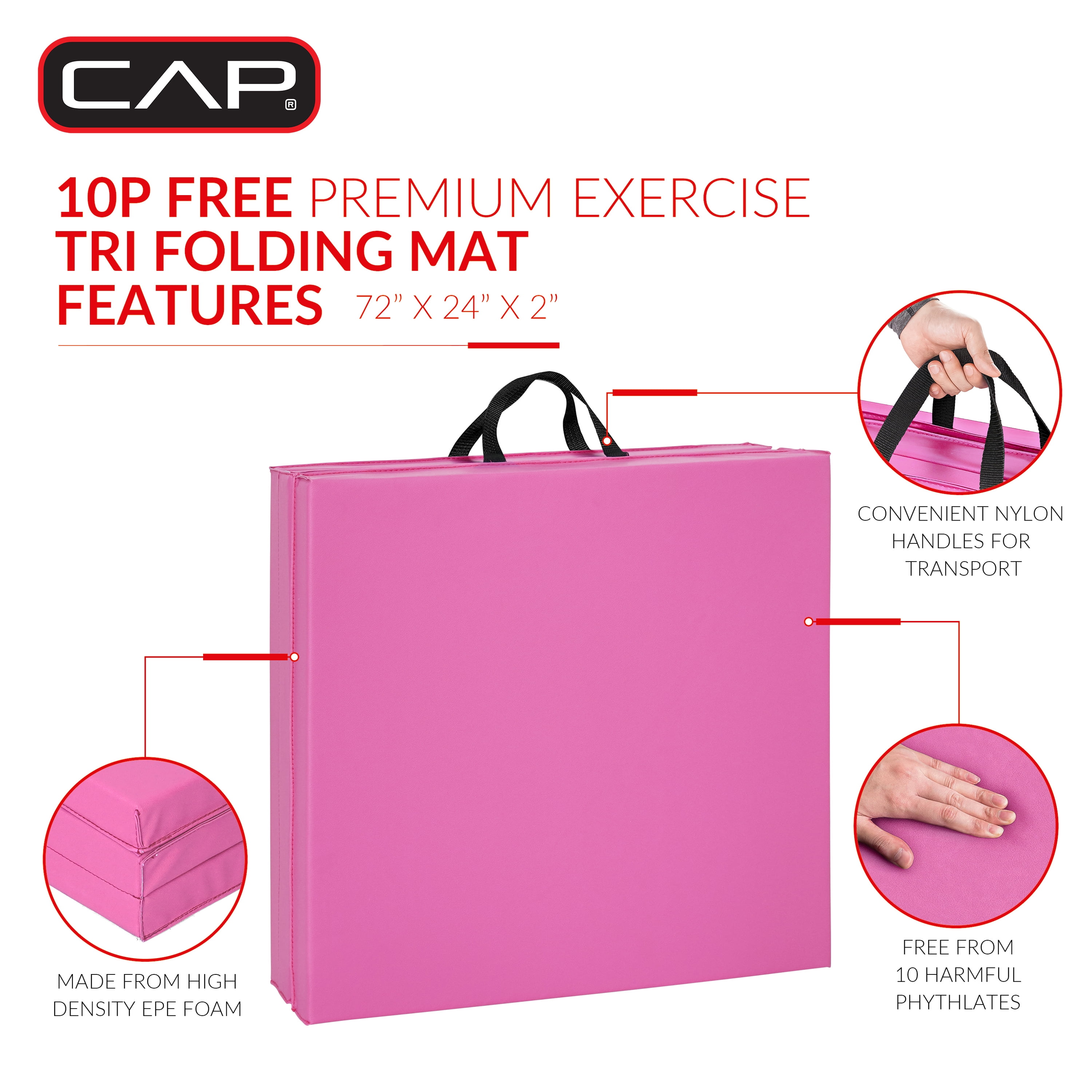 CAP All Purpose Folding Anti Tear Exercise Training Aerobic Fitness Gym & Balance Mat. 72"L x 24"W x 2" Thick, Pink