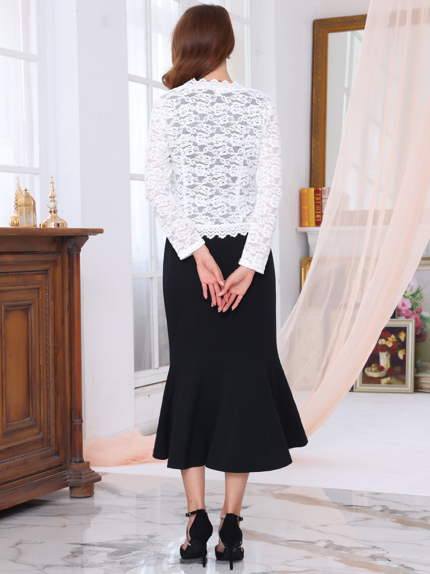 DARING DIVA Women's Long Sleeve Cocktail Formal Bolero Lace Shrug S White