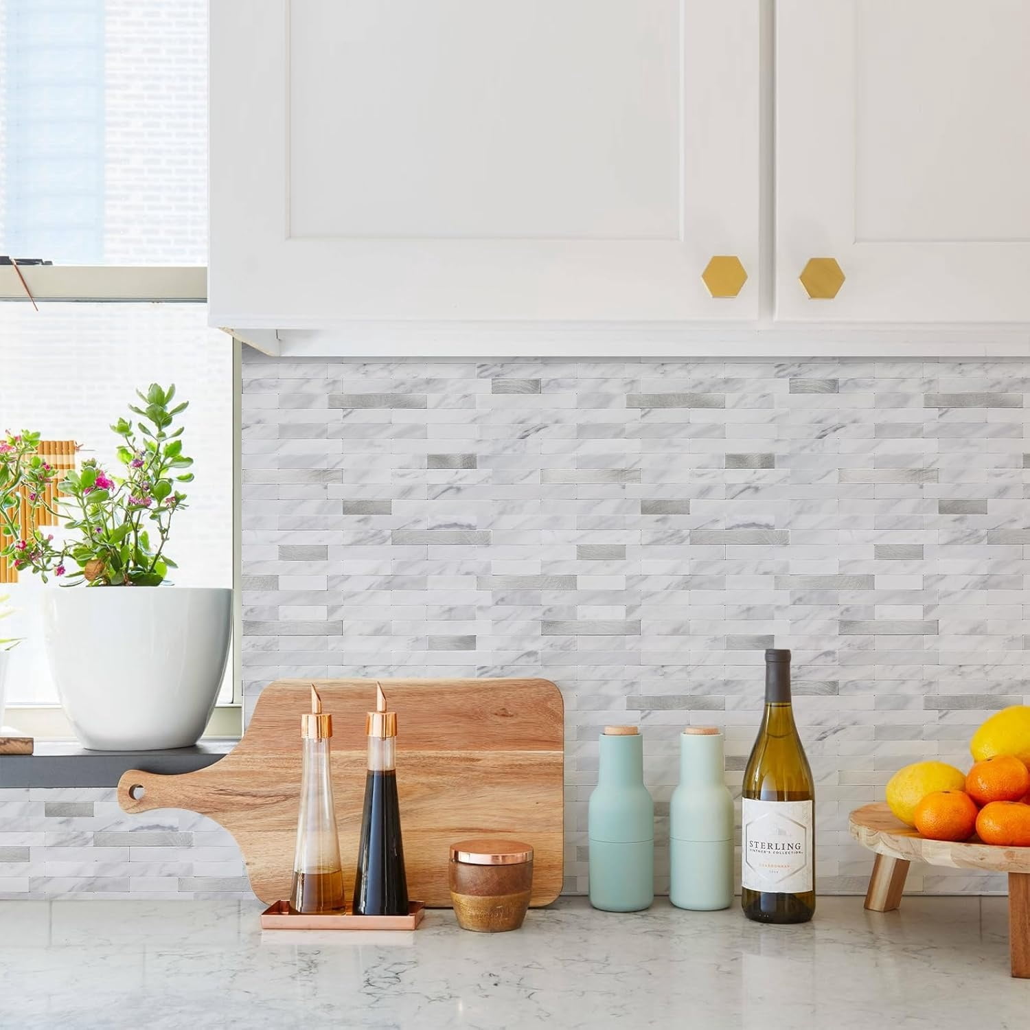 Peel and Stick Backsplash, PVC Wall Tiles Stick on Backsplash for Kitchen(10 Sheets, White Marble with Metal Silver)