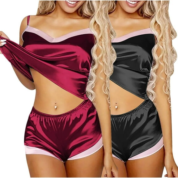 SwiftWear 2 Pack Womens Pajama Sets Sleeveless V Neck Sleepwear Top with Shorts Soft Satin Colorblocked Lounge Sets, Black S